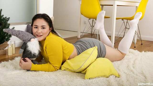 Азиатка с пышными сиськами и попкой ублажает себя в домашнем порно